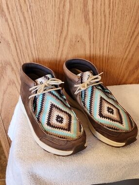 Ariat Brown Leather Sneakers with Turquoise Aztec Panels
